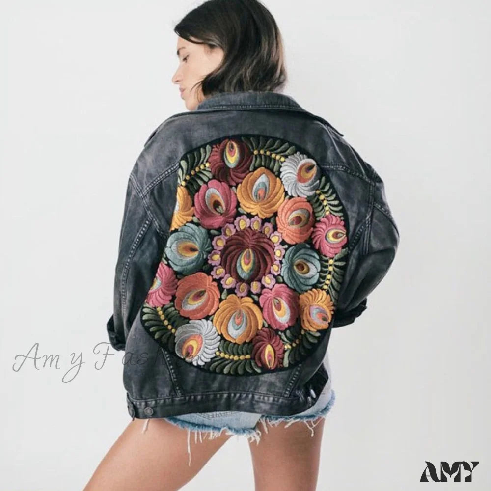 Amy Fashion - Floral Embroidered Denim Jacket