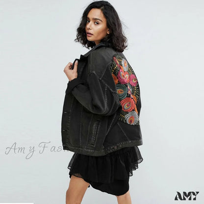 Amy Fashion - Floral Embroidered Denim Jacket