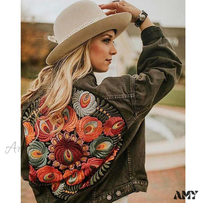 Amy Fashion - Floral Embroidered Denim Jacket