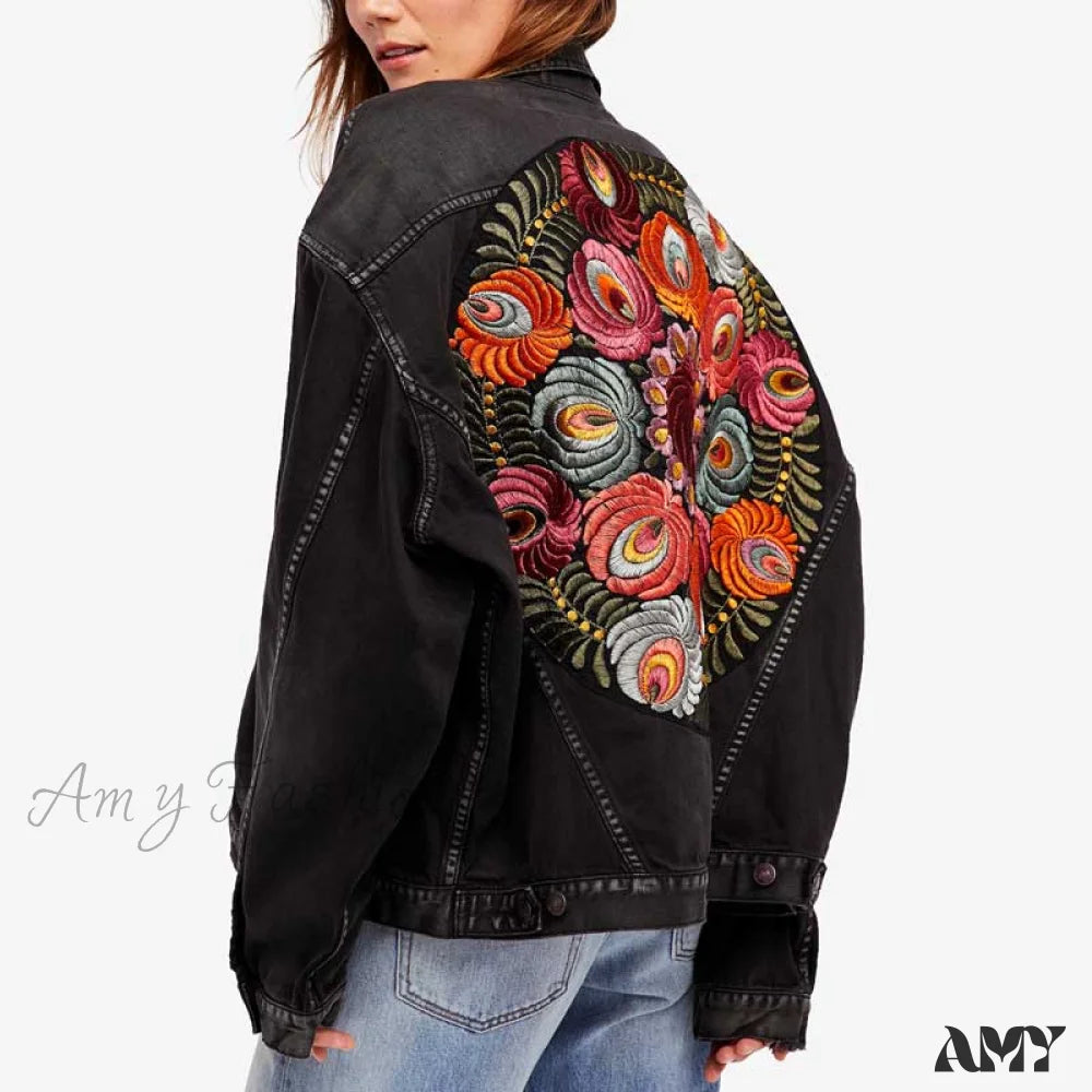 Amy Fashion - Floral Embroidered Denim Jacket