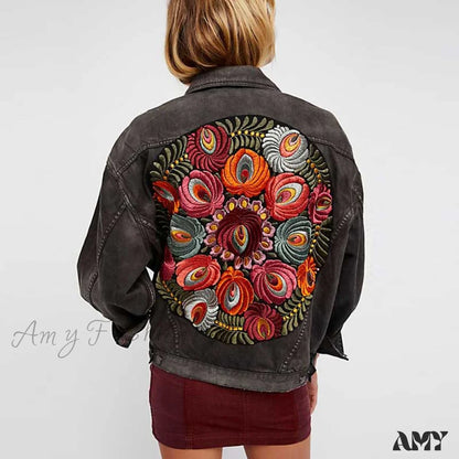 Amy Fashion - Floral Embroidered Denim Jacket