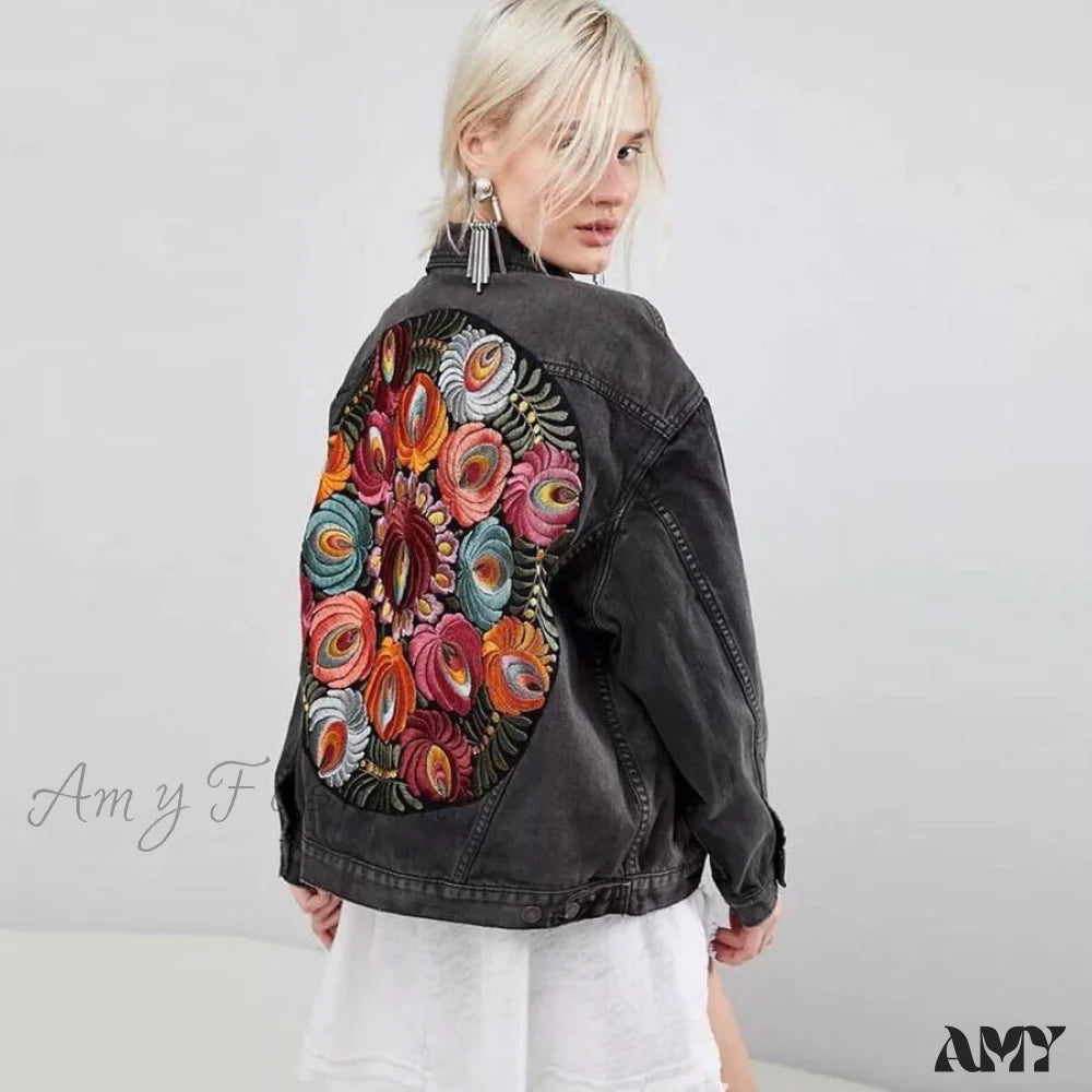 Amy Fashion - Floral Embroidered Denim Jacket