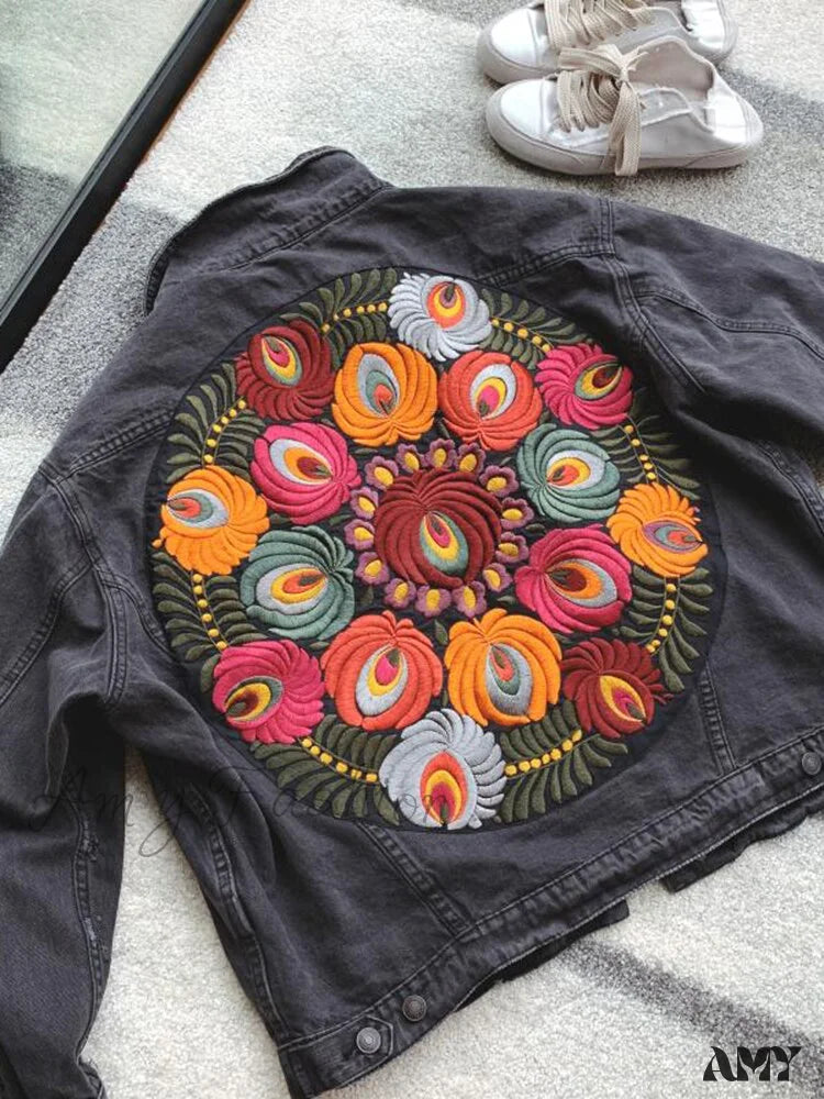 Amy Fashion - Floral Embroidered Denim Jacket Black / One Size