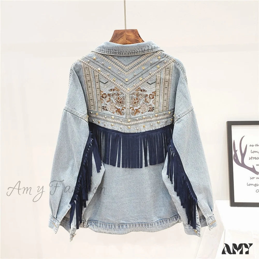 Amy Fashion - Floral Embroidery Suede Fringe Demin Jacket