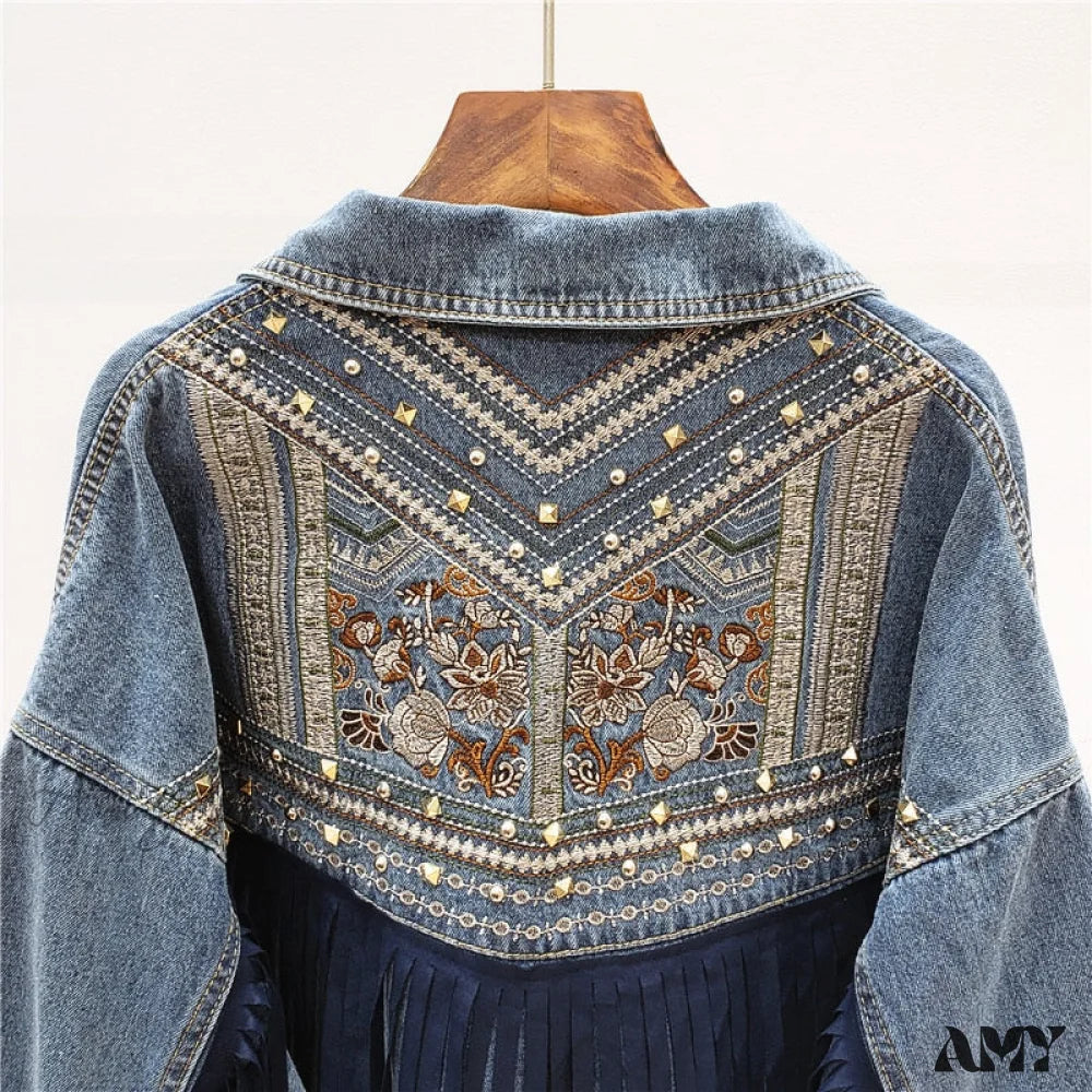 Amy Fashion - Floral Embroidery Suede Fringe Demin Jacket