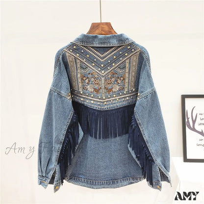 Amy Fashion - Floral Embroidery Suede Fringe Demin Jacket