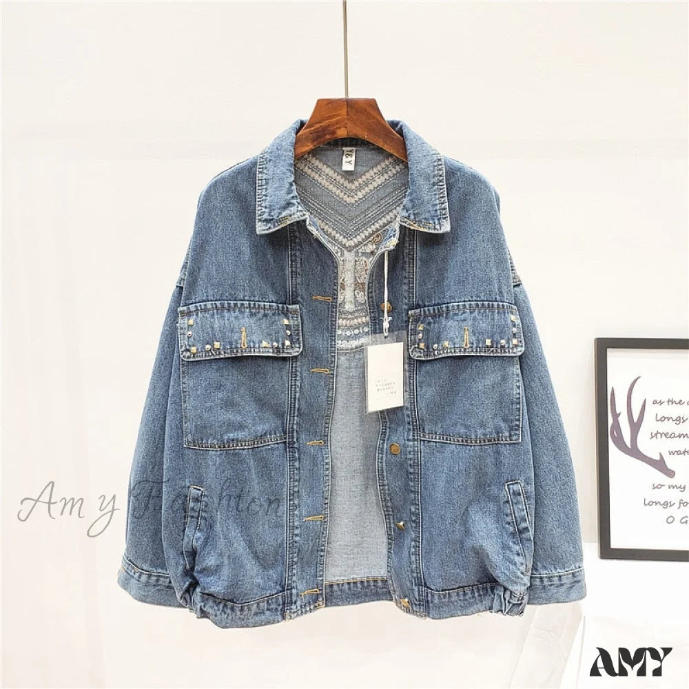 Amy Fashion - Floral Embroidery Suede Fringe Demin Jacket