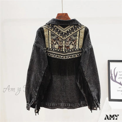 Amy Fashion - Floral Embroidery Suede Fringe Demin Jacket