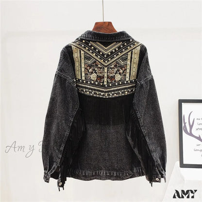 Amy Fashion - Floral Embroidery Suede Fringe Demin Jacket Black / S