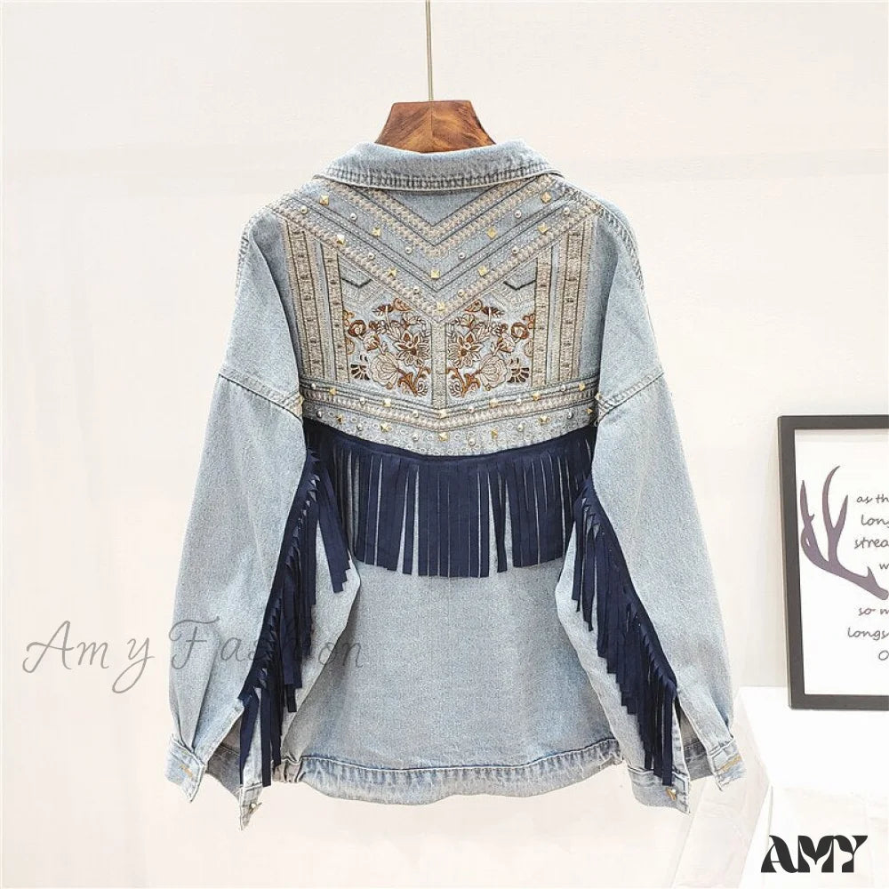 Amy Fashion - Floral Embroidery Suede Fringe Demin Jacket Light Blue / S