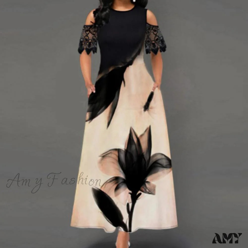 Amy Fashion - Floral Print Lace Summer Slim-Fitting Long Dress