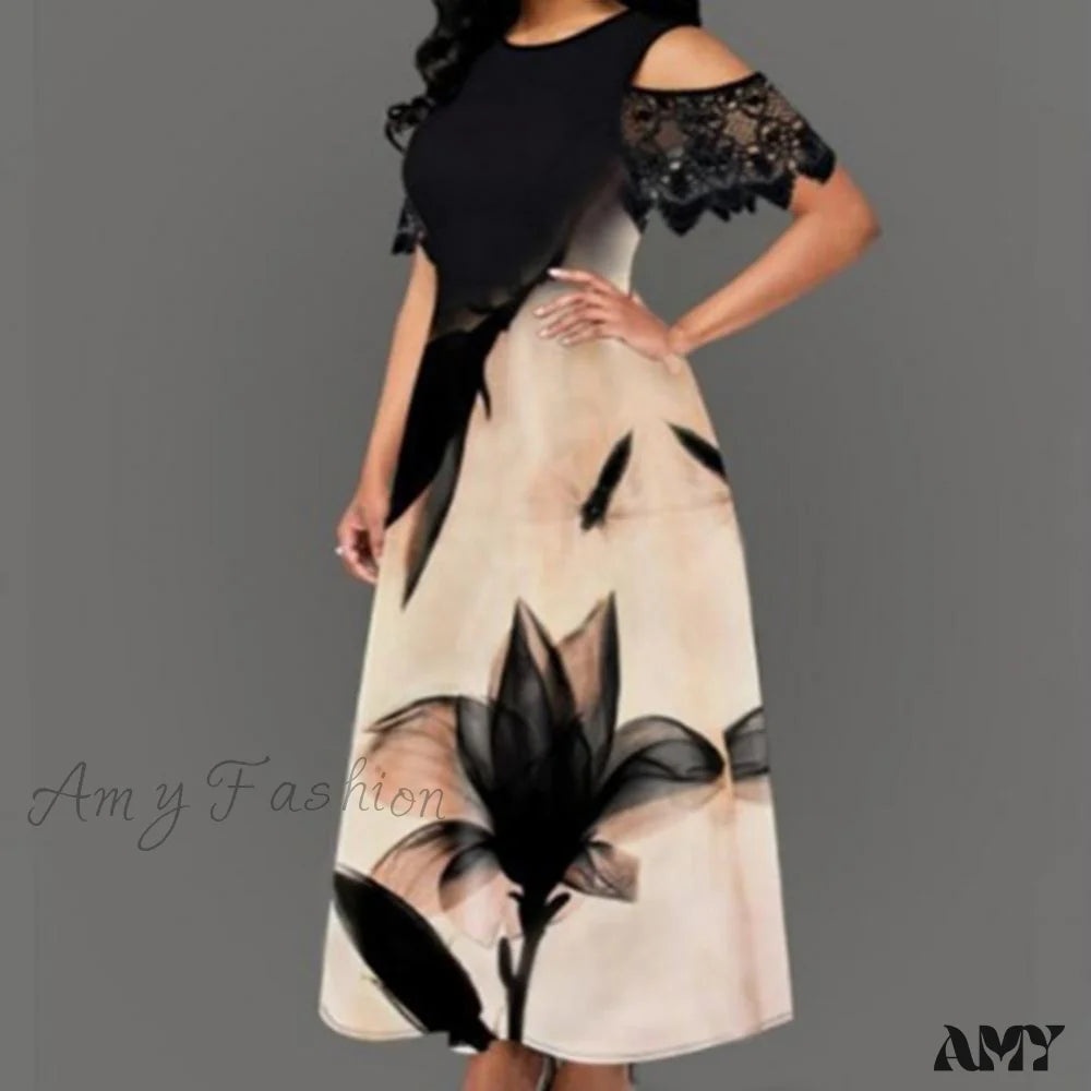 Amy Fashion - Floral Print Lace Summer Slim-Fitting Long Dress