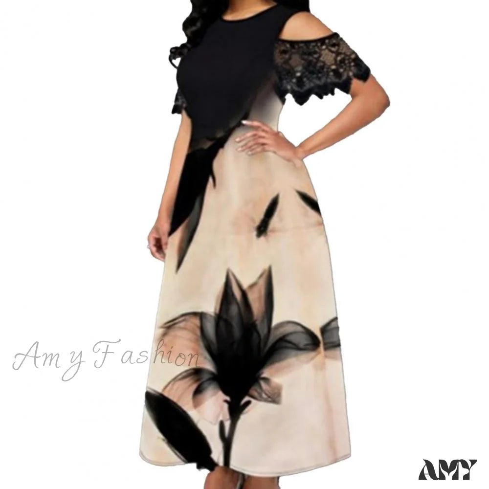 Amy Fashion - Floral Print Lace Summer Slim-Fitting Long Dress Apricot / M