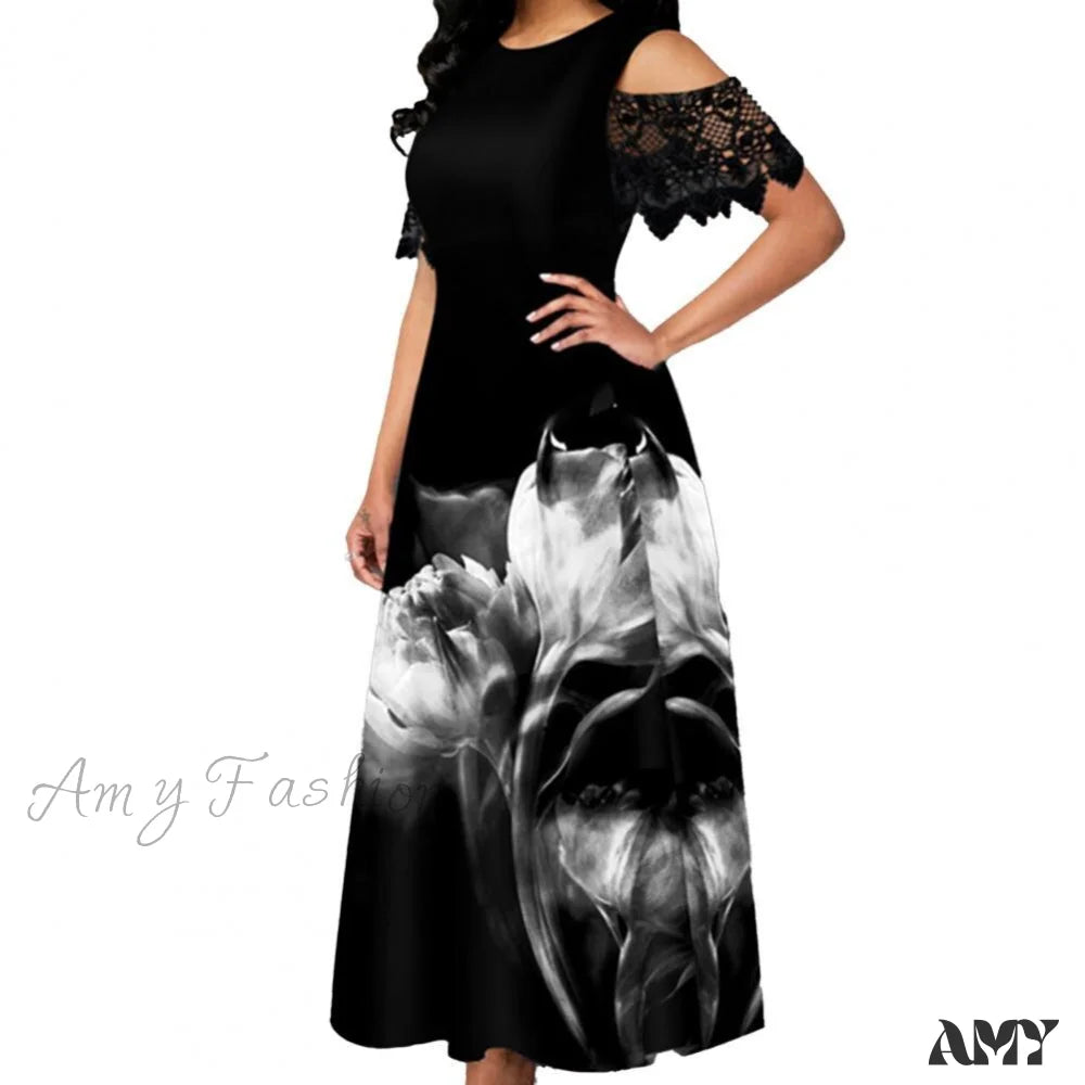 Amy Fashion - Floral Print Lace Summer Slim-Fitting Long Dress Black / M