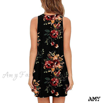 Amy Fashion - Floral Print Medium Casual Cover Up Plain Tank Dress