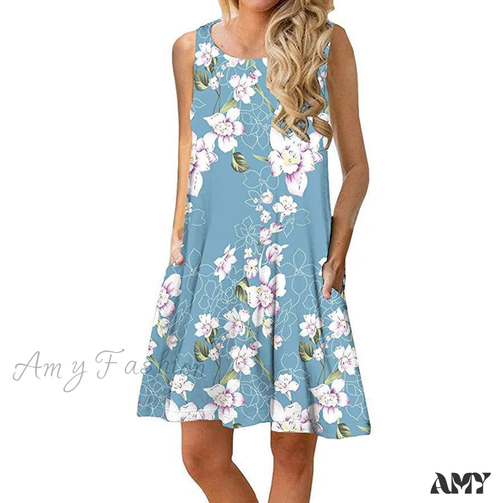 Amy Fashion - Floral Print Medium Casual Cover Up Plain Tank Dress