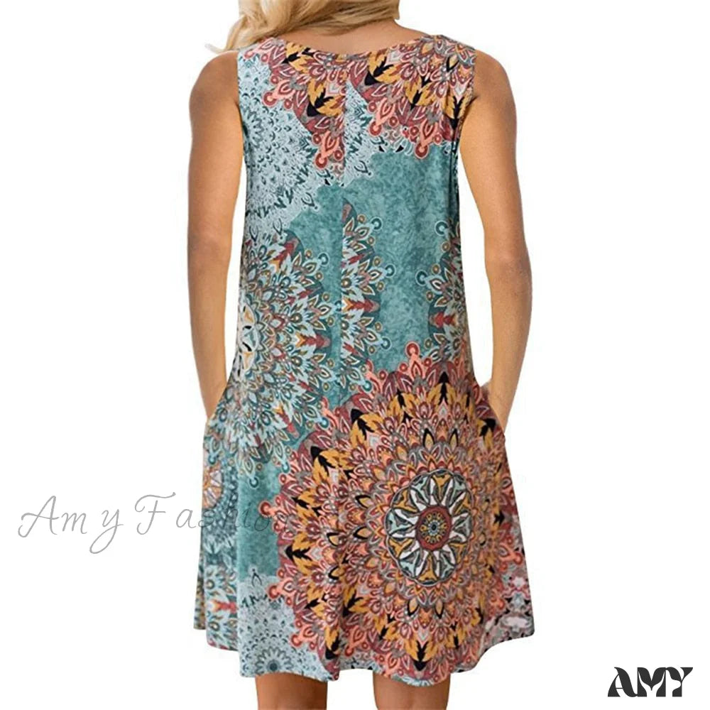 Amy Fashion - Floral Print Medium Casual Cover Up Plain Tank Dress