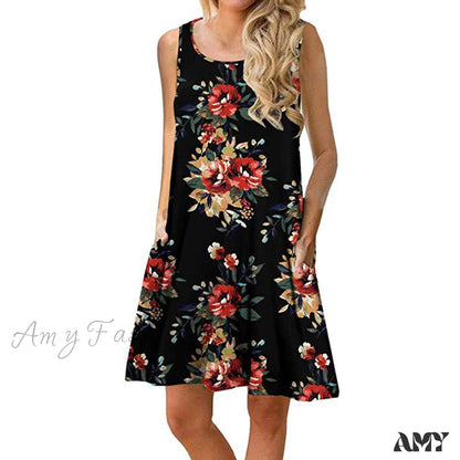 Amy Fashion - Floral Print Medium Casual Cover Up Plain Tank Dress