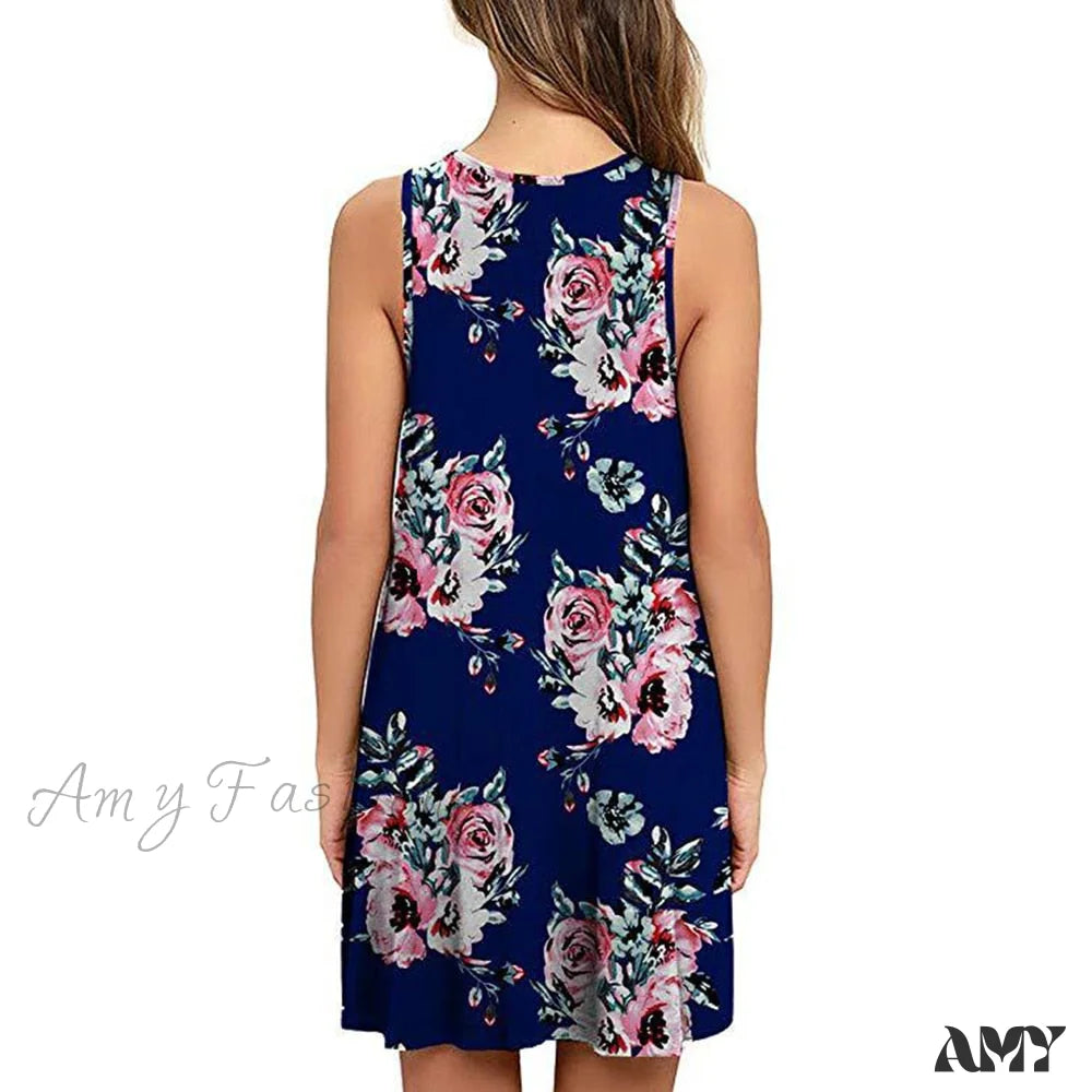 Amy Fashion - Floral Print Medium Casual Cover Up Plain Tank Dress