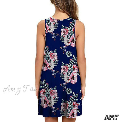 Amy Fashion - Floral Print Medium Casual Cover Up Plain Tank Dress