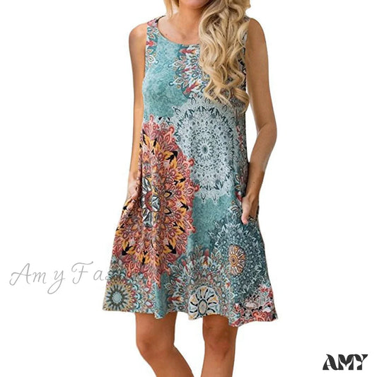 Amy Fashion - Floral Print Medium Casual Cover Up Plain Tank Dress