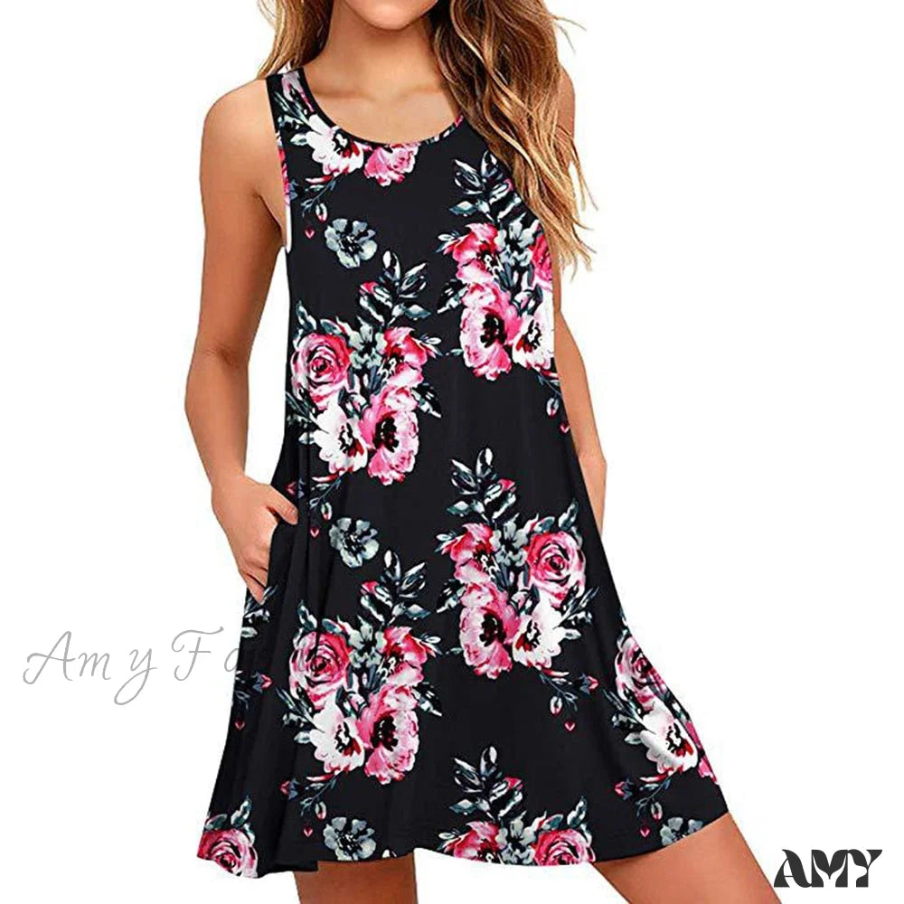 Amy Fashion - Floral Print Medium Casual Cover Up Plain Tank Dress Black / S