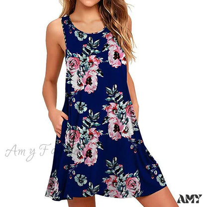 Amy Fashion - Floral Print Medium Casual Cover Up Plain Tank Dress Navy Blue / S