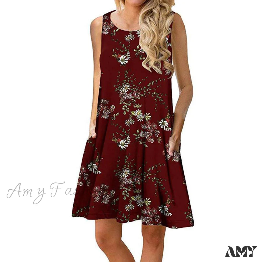 Amy Fashion - Floral Print Medium Casual Cover Up Plain Tank Dress Red / S