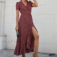 Amy Fashion - Floral Print Sexy V Neck Ruffle Hem Wrap Vintage Boho Dress