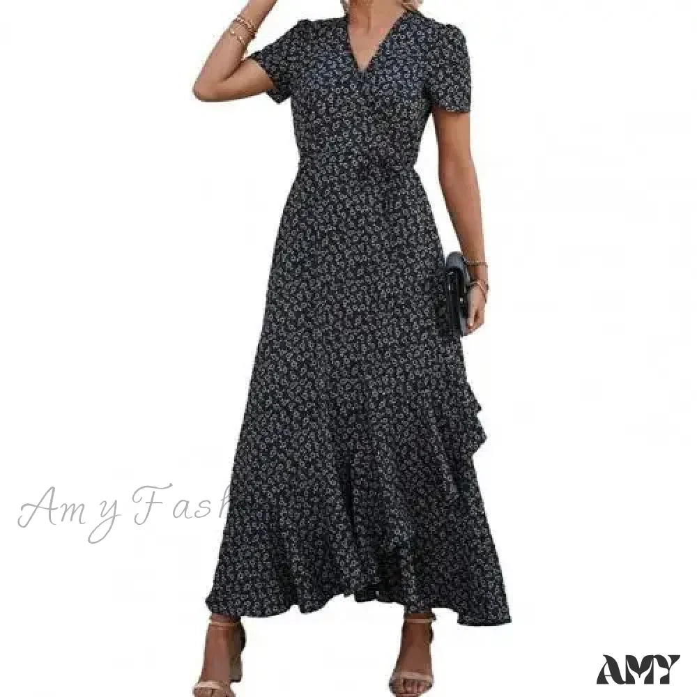 Amy Fashion - Floral Print Sexy V Neck Ruffle Hem Wrap Vintage Boho Dress Black / S
