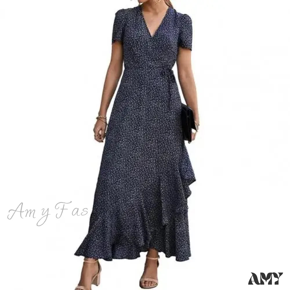 Amy Fashion - Floral Print Sexy V Neck Ruffle Hem Wrap Vintage Boho Dress Blue / S
