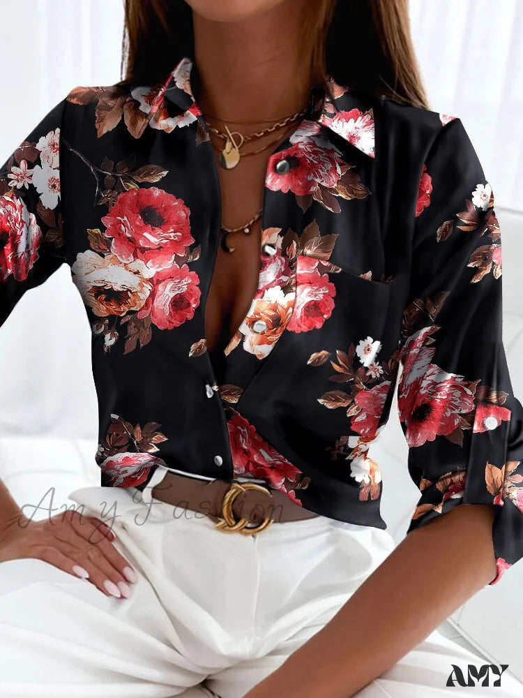 Amy Fashion - Floral Print Shirt Black / S