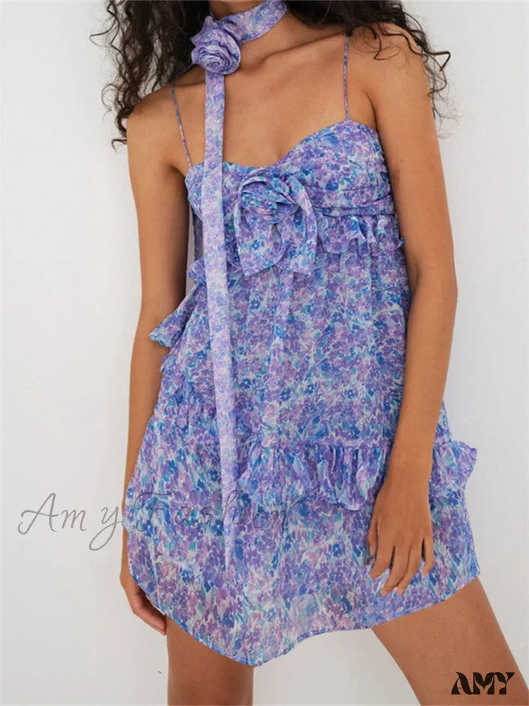 Amy Fashion - Floral Print Spaghetti Strap Fairy Club Mini Dress