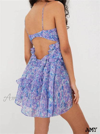 Amy Fashion - Floral Print Spaghetti Strap Fairy Club Mini Dress