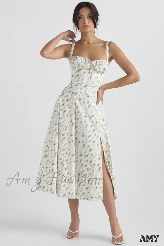 Amy Fashion - Floral Print Split Spaghetti Strap Sleeveless Midi Dress