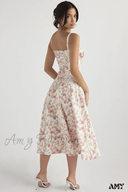 Amy Fashion - Floral Print Split Spaghetti Strap Sleeveless Midi Dress