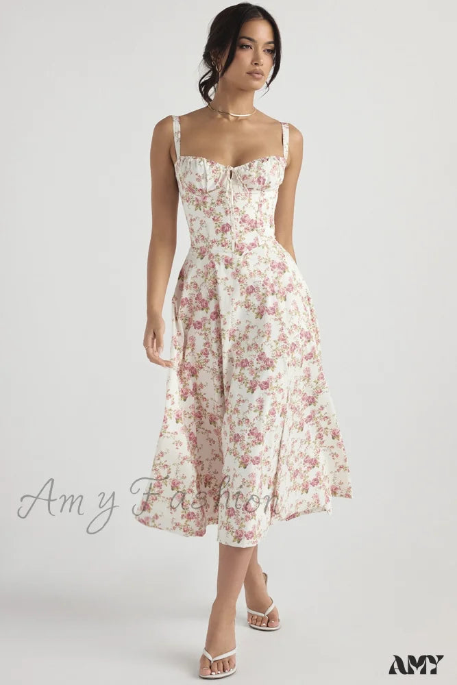 Amy Fashion - Floral Print Split Spaghetti Strap Sleeveless Midi Dress