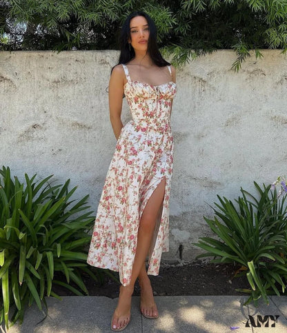 Amy Fashion - Floral Print Split Spaghetti Strap Sleeveless Midi Dress