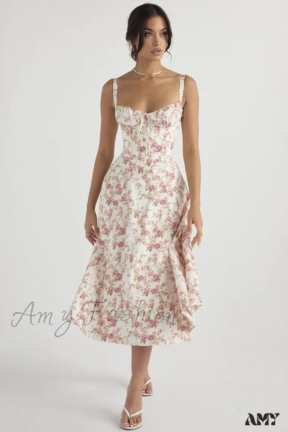 Amy Fashion - Floral Print Split Spaghetti Strap Sleeveless Midi Dress Whiterose / L