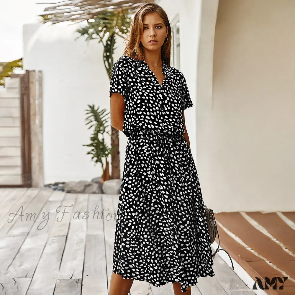 Amy Fashion - Floral Print Vintage Short Sleeve Boho Dress Black / S