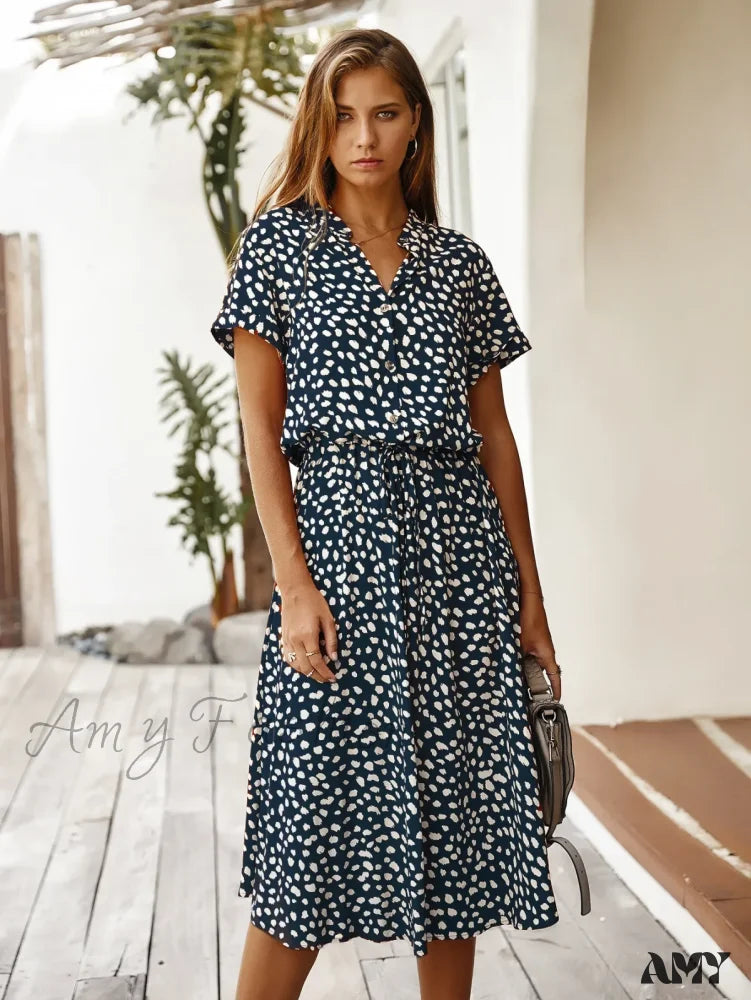 Amy Fashion - Floral Print Vintage Short Sleeve Boho Dress Navy Blue / S