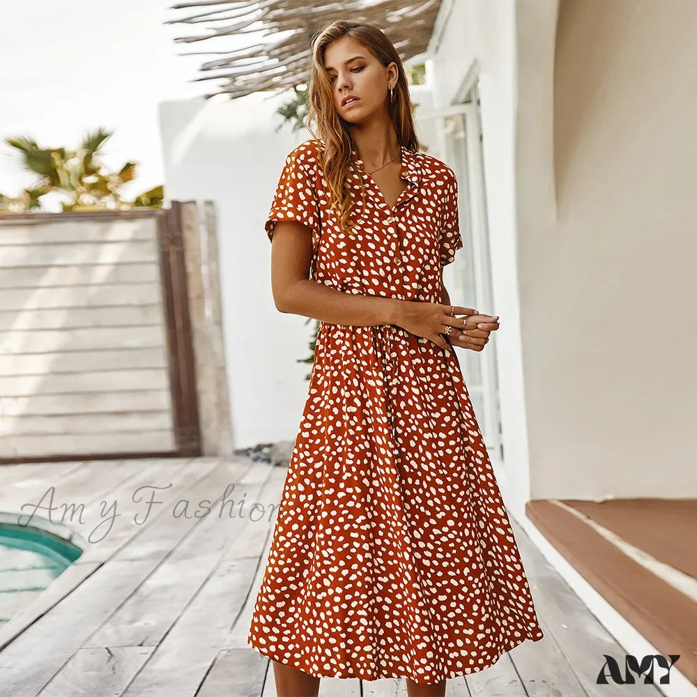 Amy Fashion - Floral Print Vintage Short Sleeve Boho Dress Orange / S