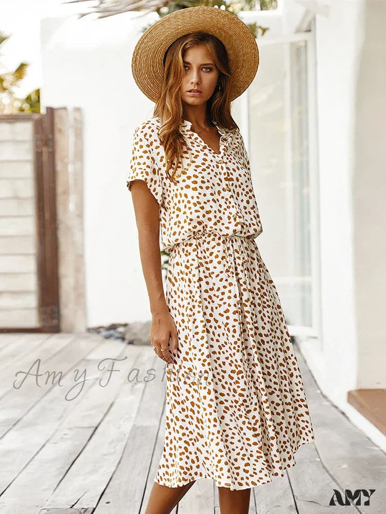 Amy Fashion - Floral Print Vintage Short Sleeve Boho Dress White / S