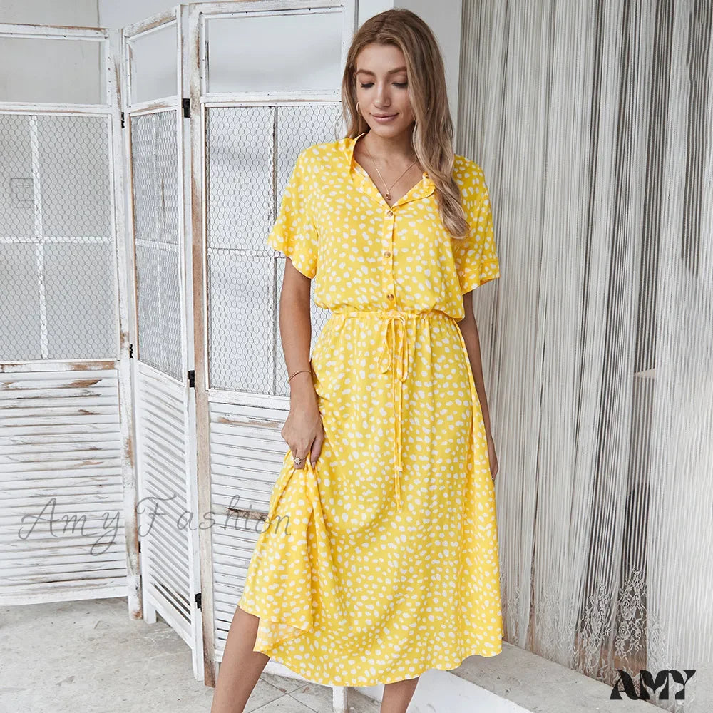 Amy Fashion - Floral Print Vintage Short Sleeve Boho Dress Yellow / S