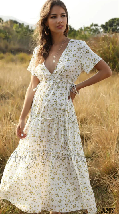 Amy Fashion - Floral Printed Boho Style Deep V-Neck Dress