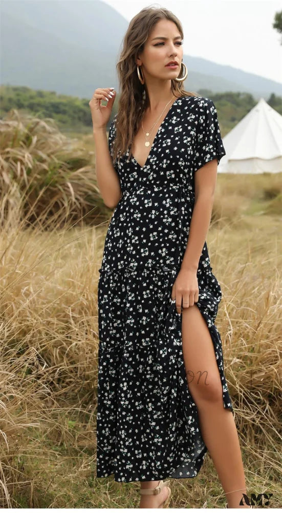 Amy Fashion - Floral Printed Boho Style Deep V-Neck Dress