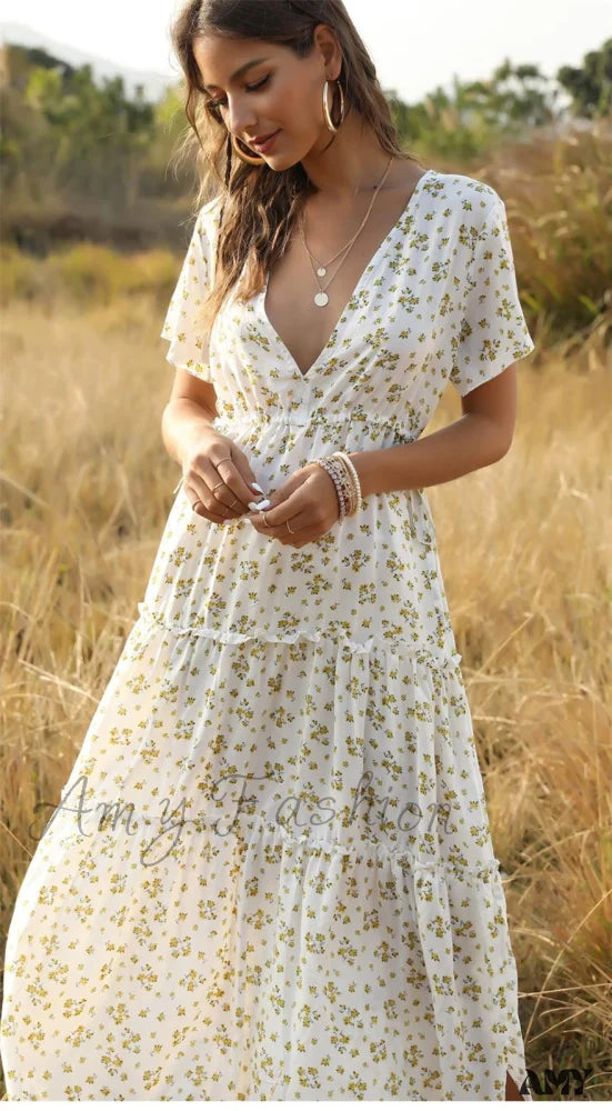 Amy Fashion - Floral Printed Boho Style Deep V-Neck Dress