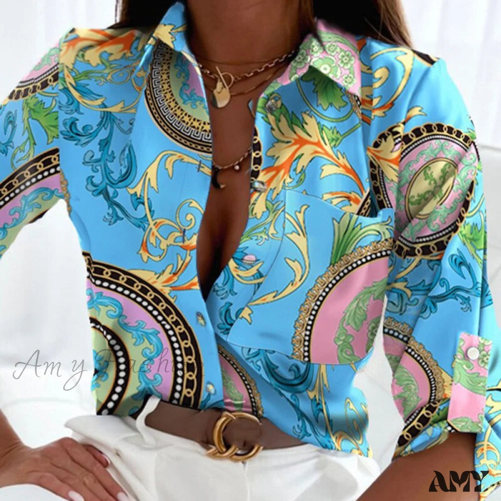 Amy Fashion - Floral Printing Single Button New Shirt Blue Print / S