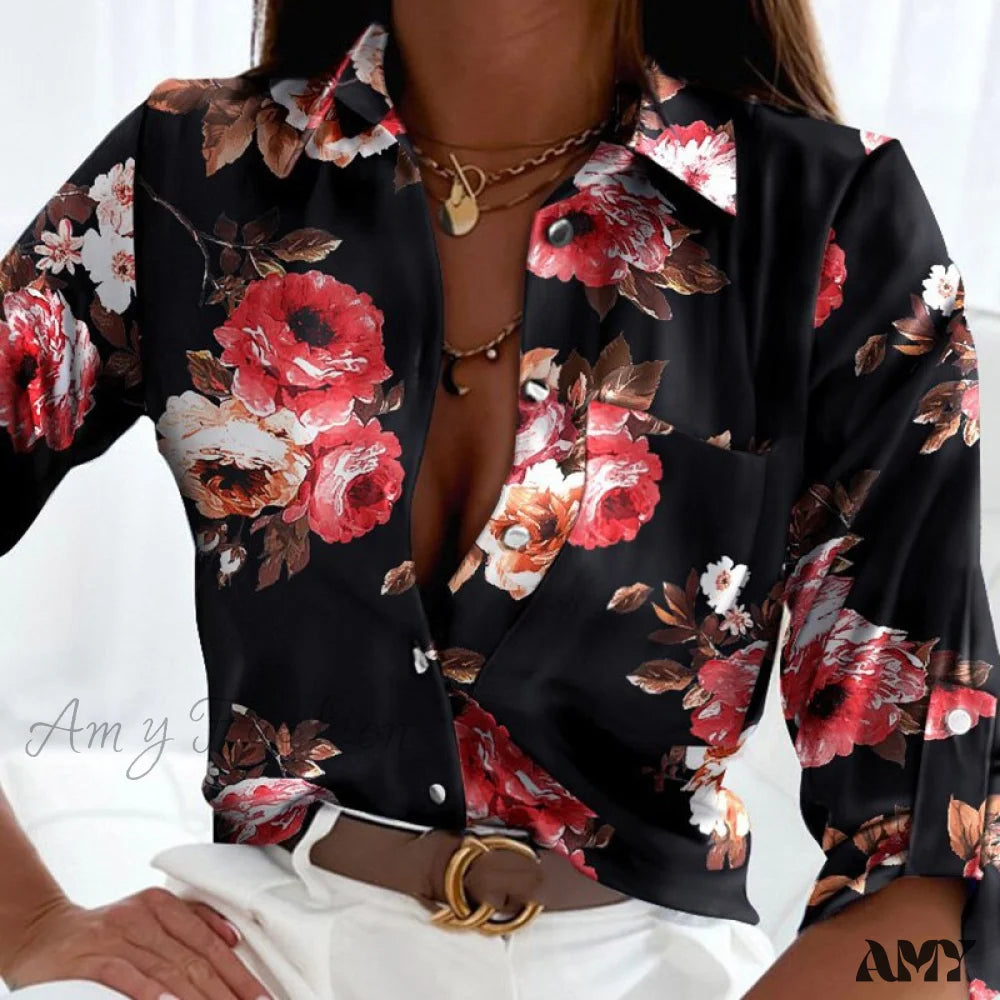 Amy Fashion - Floral Printing Single Button New Shirt Print / S