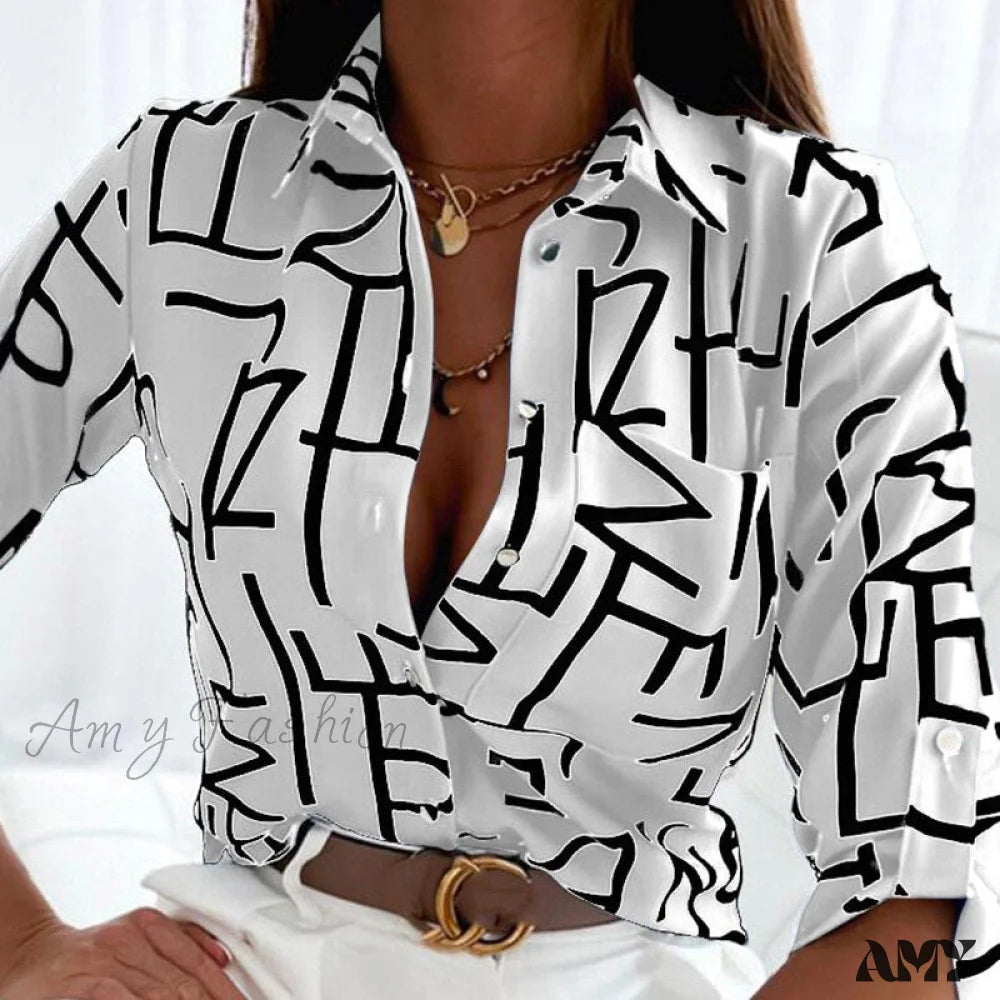 Amy Fashion - Floral Printing Single Button New Shirt White Letter / S